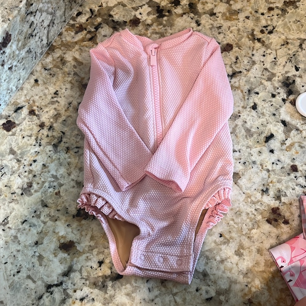 Old Navy Pink One Piece Bathing Suit with Long Sleeves and Snap Closures